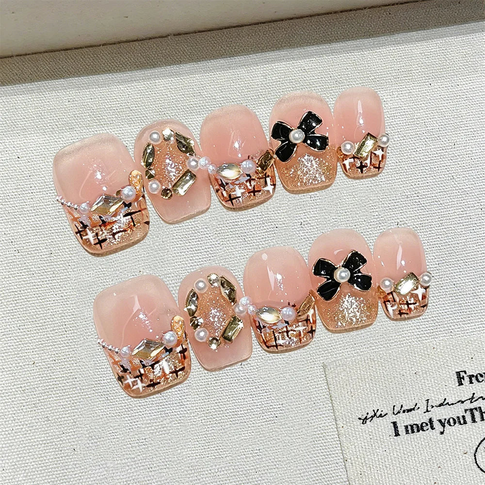Faux ongles à pression Trapèze Extra Court Doré Orange Luxe Accessible Mignon - Faits main (Lot de 10)