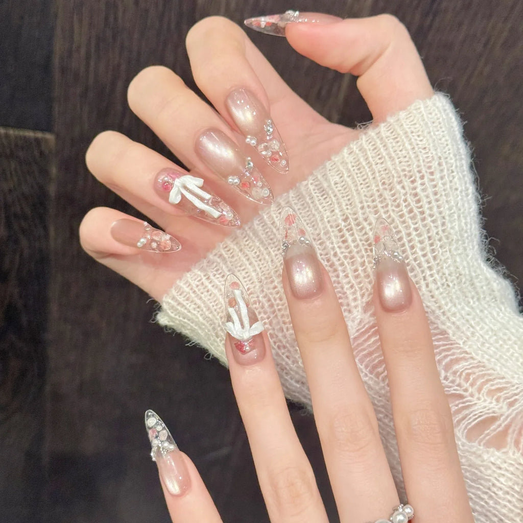 Faux ongles à pression Ovale Long Beige Rosé Strass Lumineux - Faits main (Lot de 10)