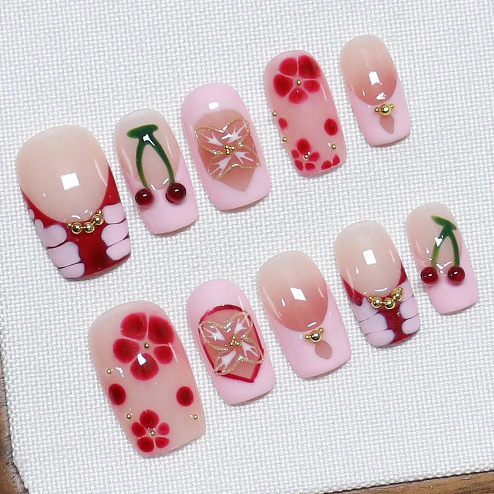 Faux ongles à pression Rose Cerise Fleur Rouge Strass – Faits main (Lot de 10)