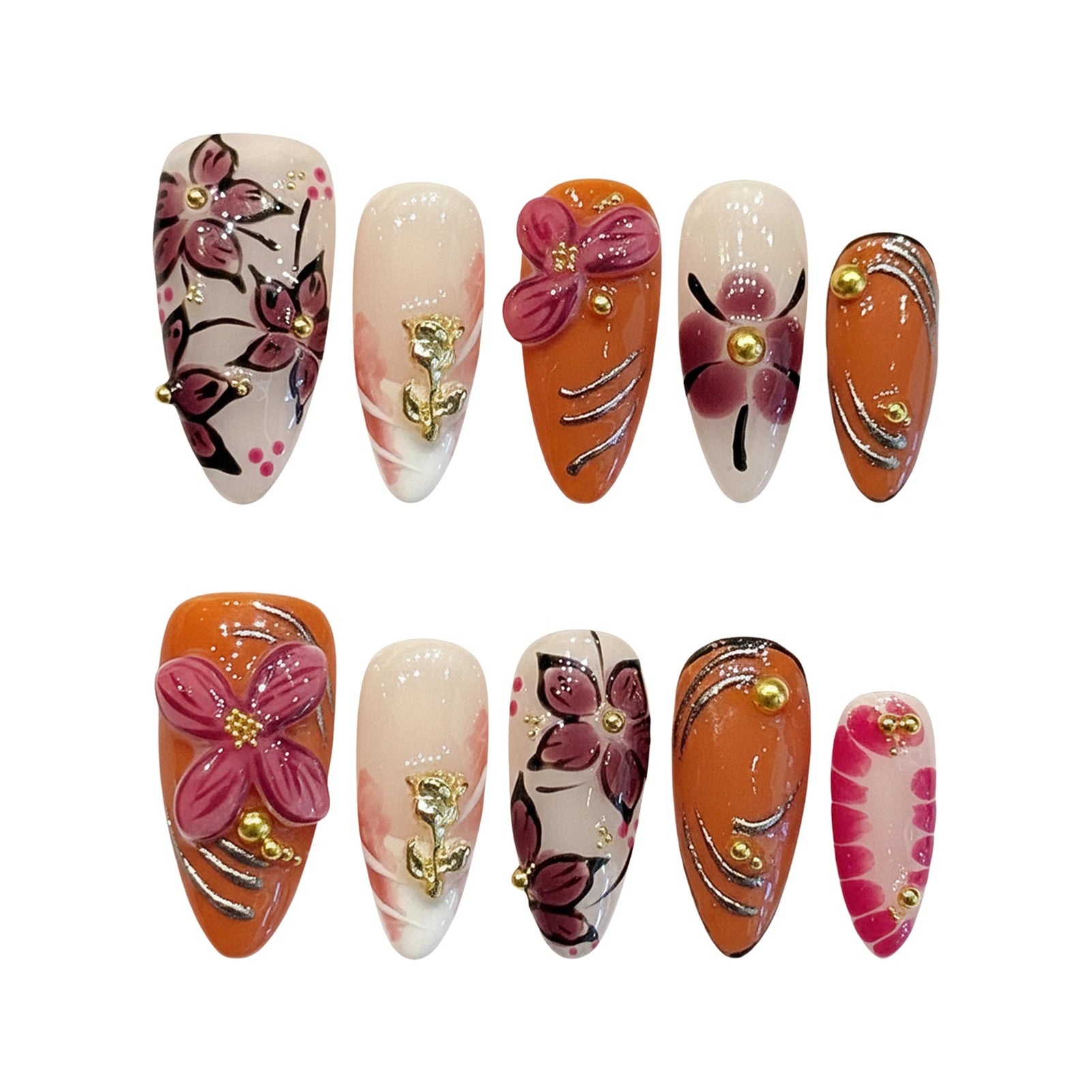 Faux ongles à pression Amande Moyen Pétales Sculptés 3D - Faits main (Lot de 10)