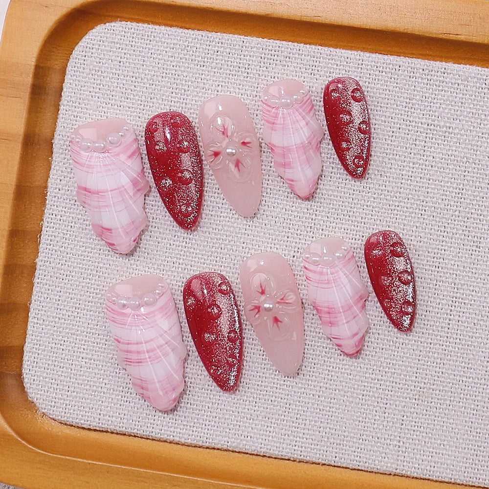 Faux ongles à pression en Amande - Rose Rouge Marbré Fleur Strass – Faits main (Lot de 10)