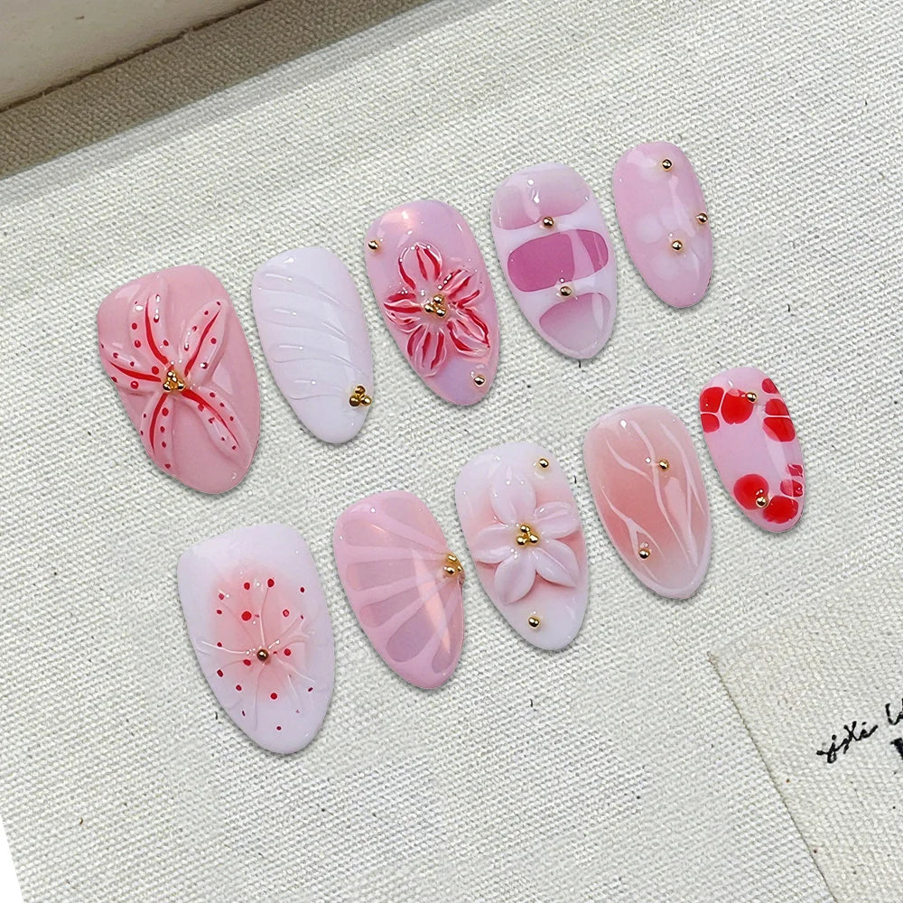 Faux ongles à pression Amande Moyen Rose Blanc Fleur Rouge Nœud Doré – Faits main (Lot de 10)