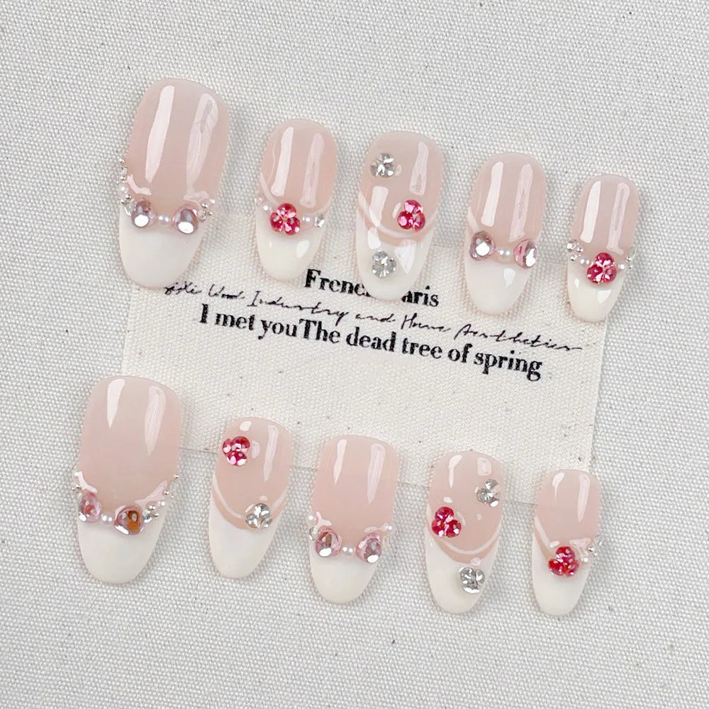 Faux ongles en Amande French Rose Cristal – Faits main (Lot de 10)