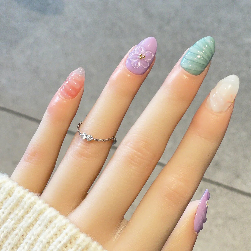 Faux ongles à pression Multicolore Fleurs Pastel – Amande - Faits main (Lot de 10)