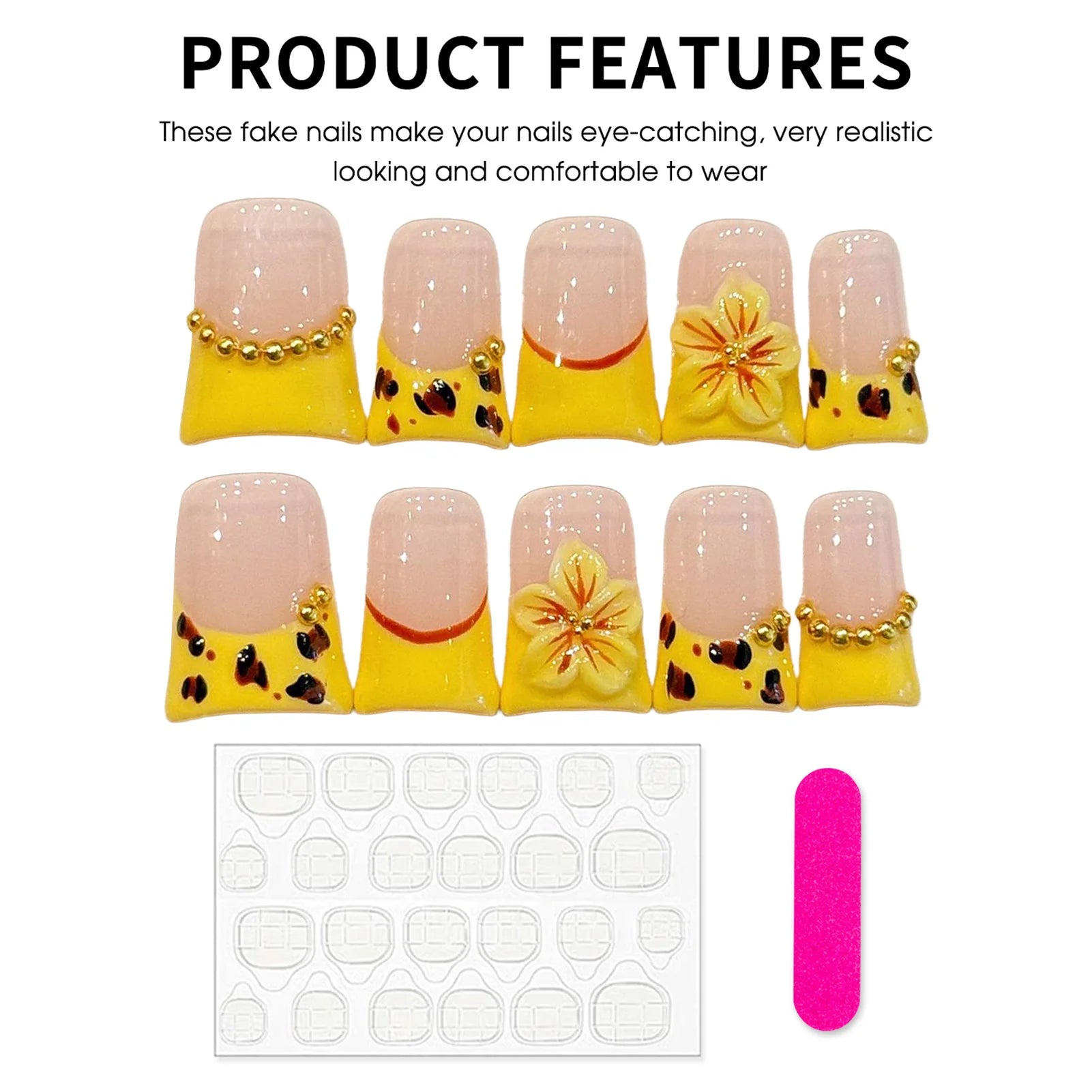 Faux ongles à pression Duck Jaune French Fleurs de Sakura - Faits main (Lot de 10)