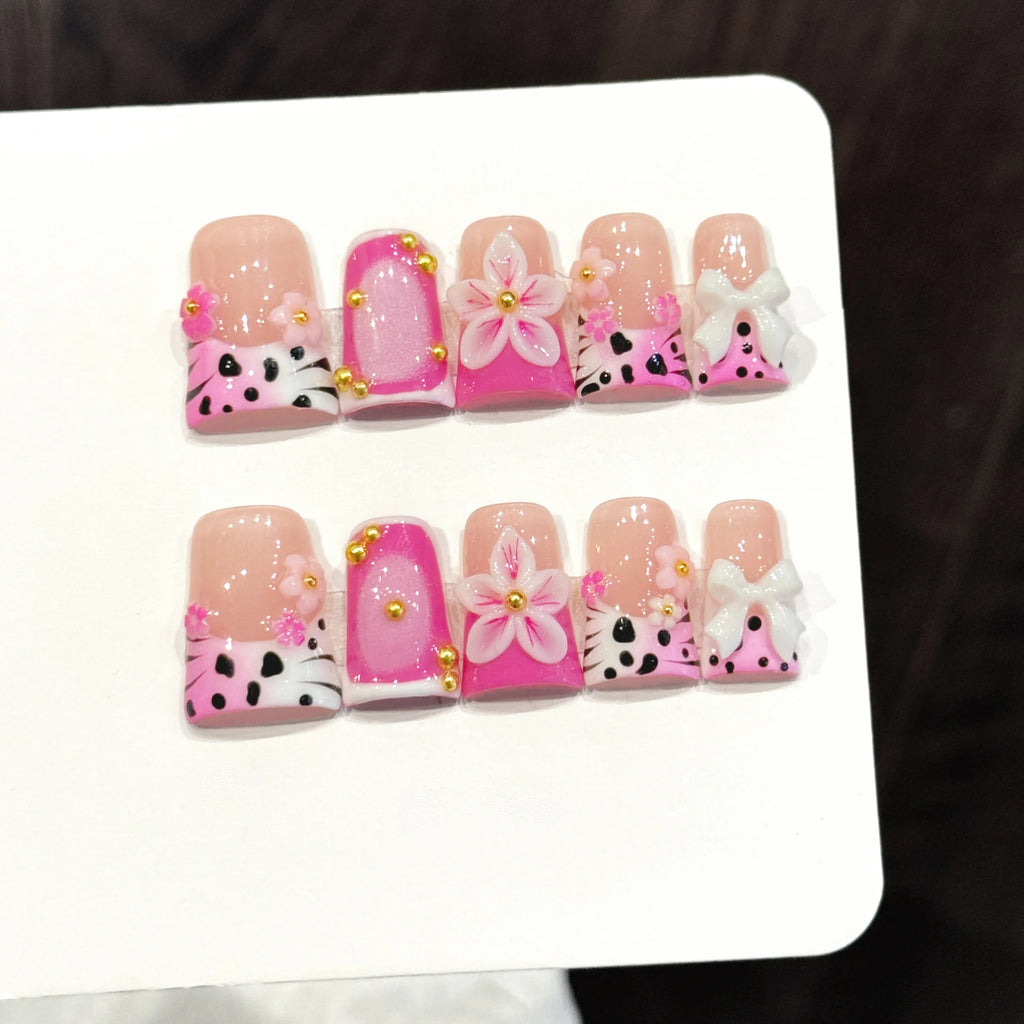 Faux ongles à pression Duck Moyen Rose Léopard Fleuri Style Girly - Faits main (Lot de 10)