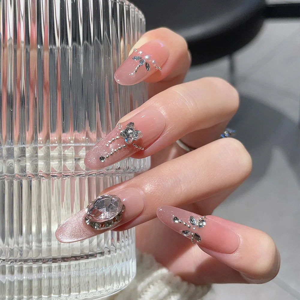 Faux ongles à pression en Amande - Rose Dégradé Strass Libellule – Faits main (Lot de 10)
