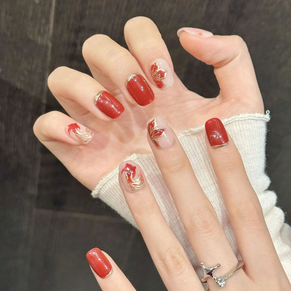 Faux ongles à pression Ovale Court Carpes Koï Dorées Style Chinois - Faits main (Lot de 10)