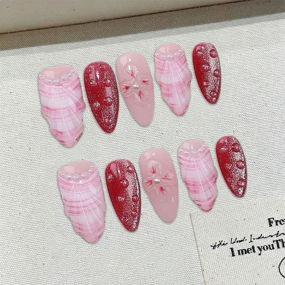 Faux ongles à pression en Amande - Rose Rouge Marbré Fleur Strass – Faits main (Lot de 10)
