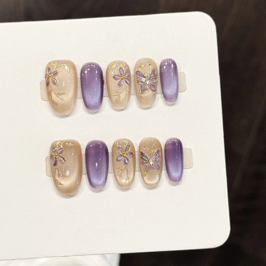 Faux ongles à pression Ovale Moyen Violet Doré Œil de Chat Fleurs Gilded - Faits main (Lot de 10)