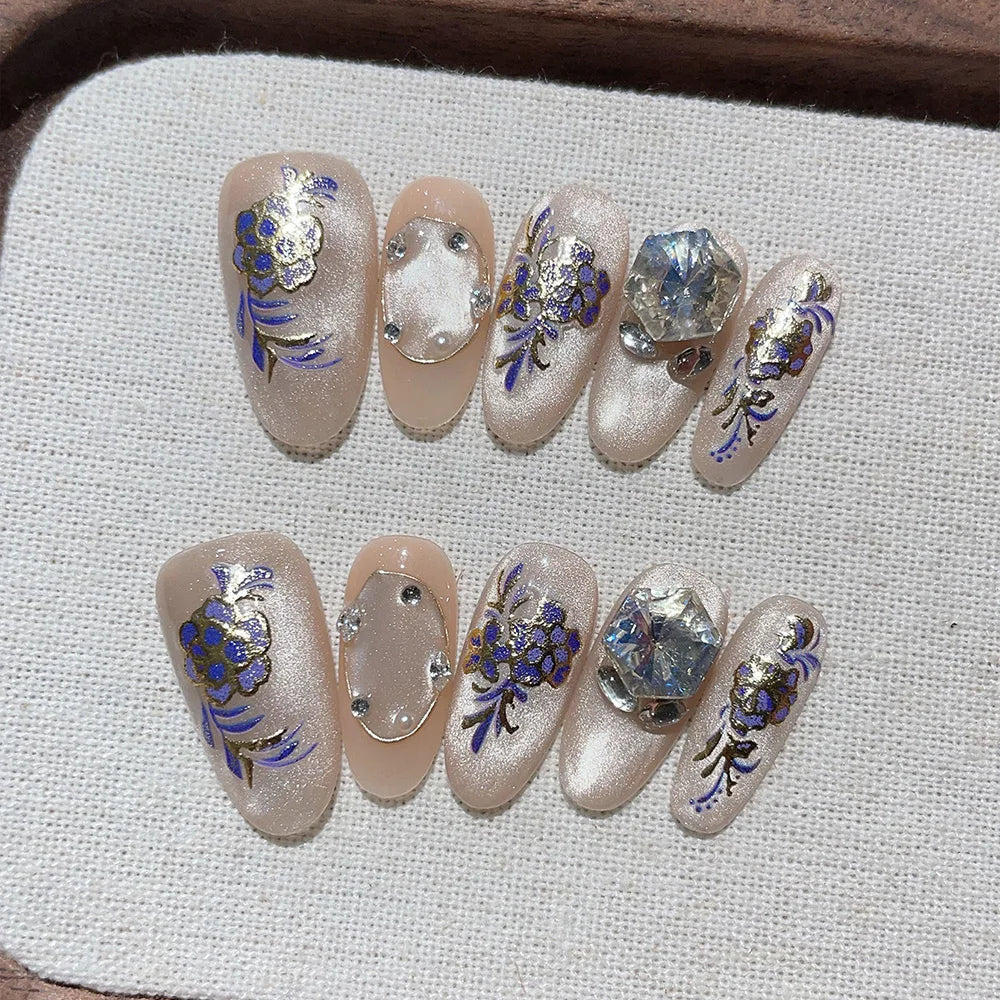 Faux ongles à pression Ovale Moyen Nude Dégradé Porcelaine Bleue Blanche Noble - Faits main (Lot de 10)