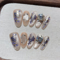 Faux ongles à pression Ovale Moyen Nude Dégradé Porcelaine Bleue Blanche Noble - Faits main (Lot de 10)