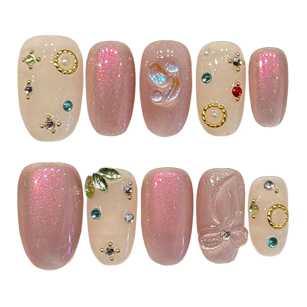 Faux ongles à pression Ovale Court Rose Diamants Lumineux - Faits main (Lot de 10)