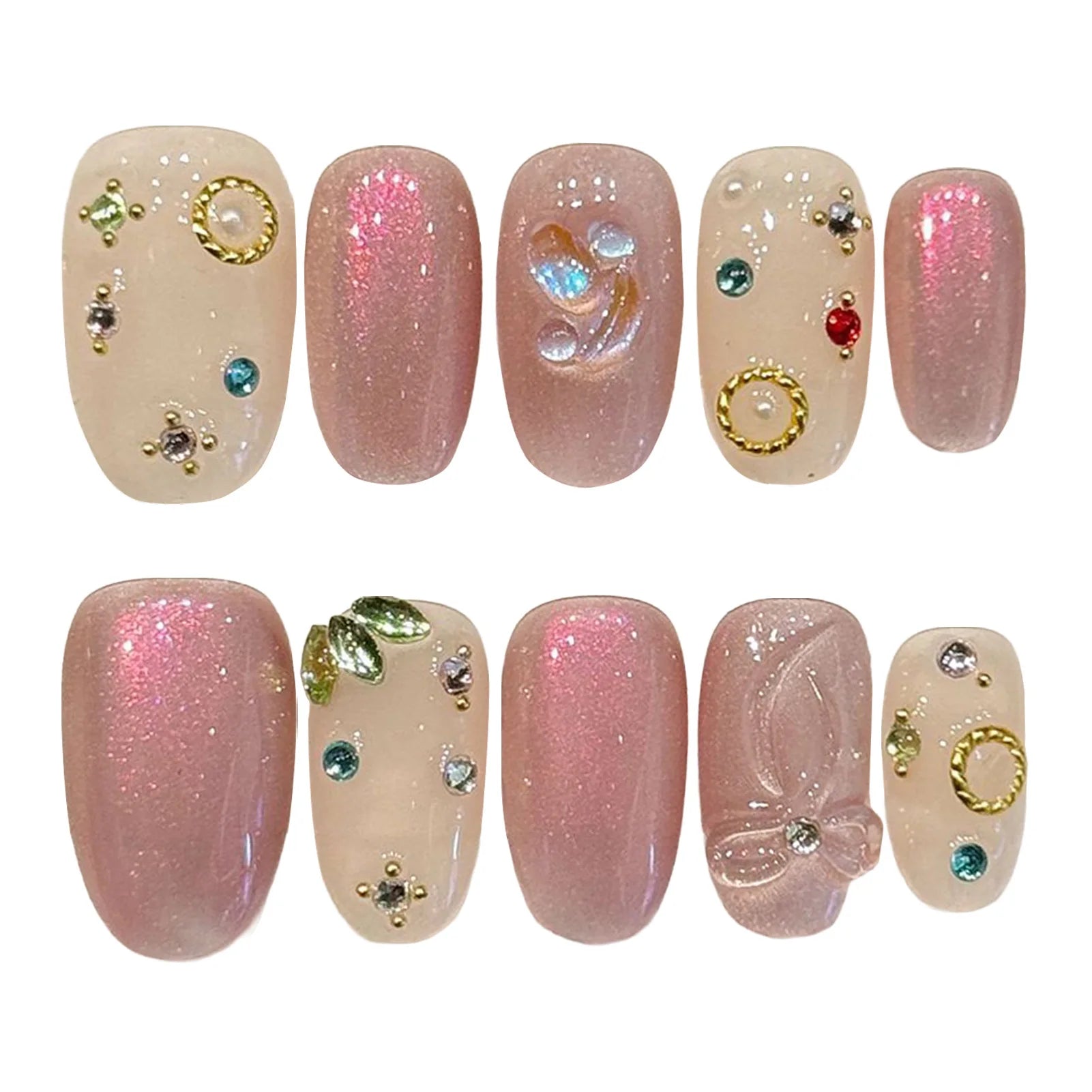 Faux ongles à pression Ovale Court Rose Diamants Lumineux - Faits main (Lot de 10)