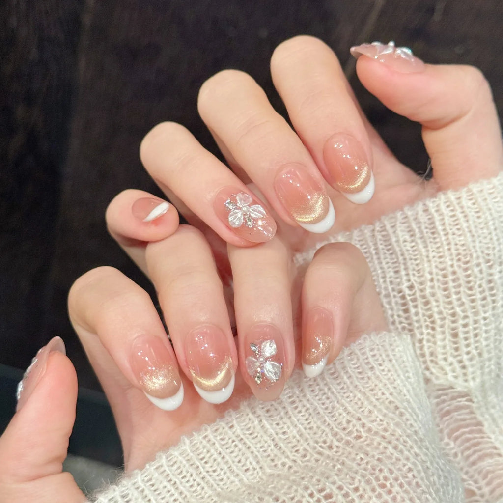 Faux ongles à pression Ovale Court Beige Doré Effet Miroir Strass - Faits main (Lot de 10)