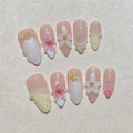 Faux ongles à pression Amande Long Nude Fleurs 3D Rose Blanc Doré – Faits main (Lot de 10)