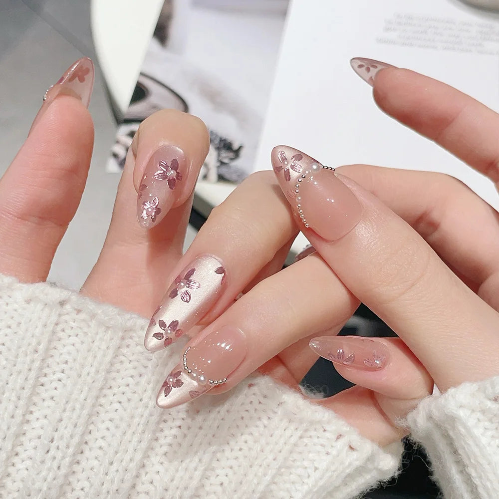 Faux ongles à pression en Amande Rose Fleur Chaîne – Faits main (Lot de 10)