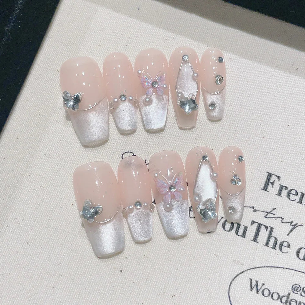 Faux ongles à pression Ballerine Long Rose Doux Papillon Argenté Délicat - Faits main (Lot de 10)