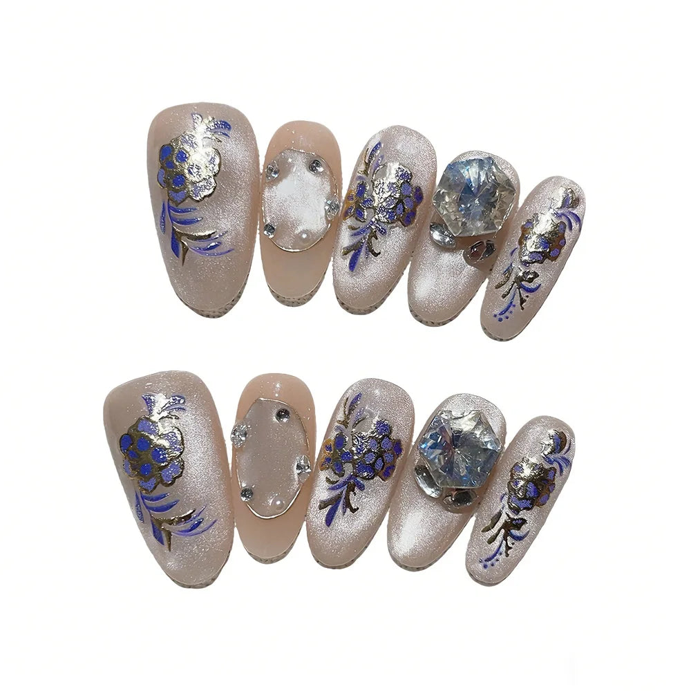 Faux ongles à pression Ovale Moyen Nude Dégradé Porcelaine Bleue Blanche Noble - Faits main (Lot de 10)
