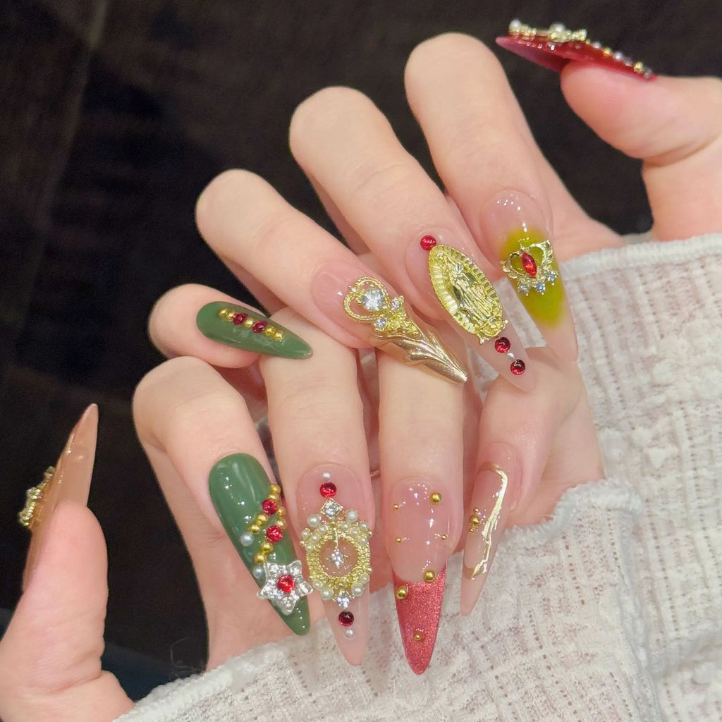 Faux ongles à pression Stiletto Long Rouge Vert Baroque Rétro - Faits main (Lot de 10)