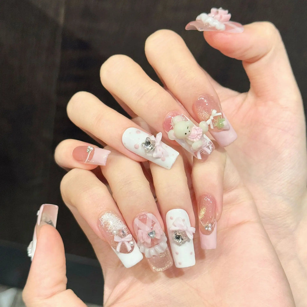 Faux ongles à pression Carré Long Rose Doré Ourson Fraise Effet Miroir - Faits main (Lot de 10)