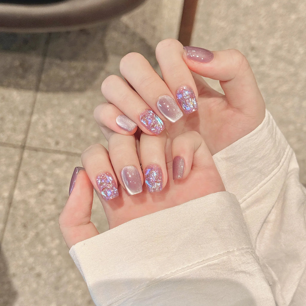 Faux ongles à pression Amande Court Lavande Pailletée Diamant Brisé - Faits main (Lot de 10)