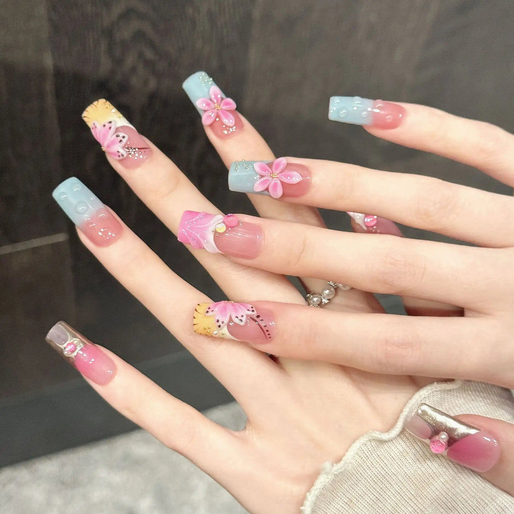 Long Square Press-On Nails Colorful Summer Flowers and Droplets