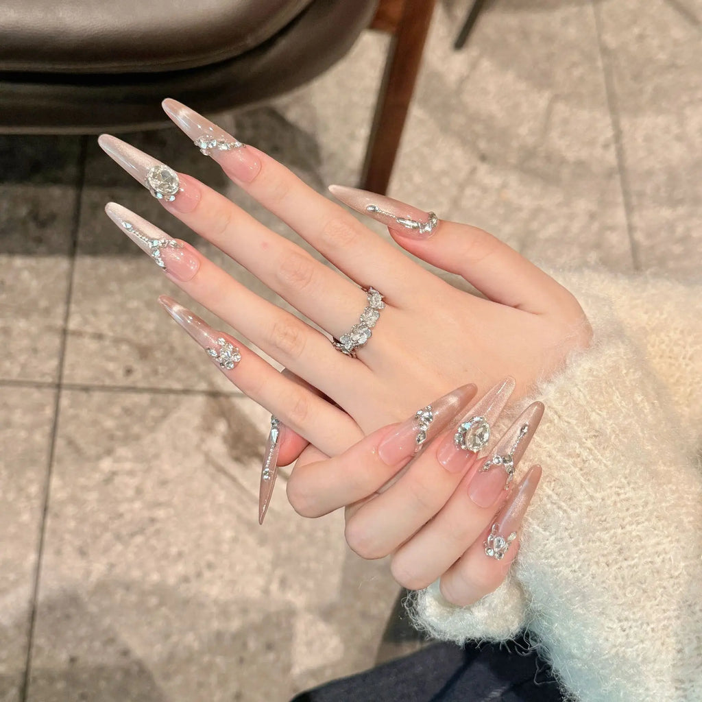 Faux ongles à pression Stiletto Long Rose Clair Diamant Scintillant Glamour - Faits main (Lot de 10)