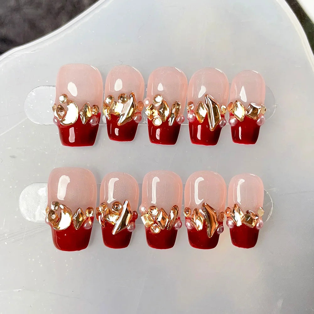 Faux ongles à pression Trapèze Court Rouge Bordeaux Strass Bague - Faits main (Lot de 10)