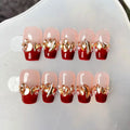 Faux ongles à pression Trapèze Court Rouge Bordeaux Strass Bague - Faits main (Lot de 10)