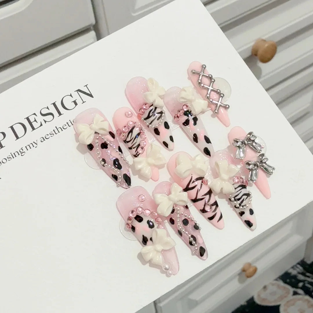 Faux ongles à pression Rose Léopard et Nœud - Faits main (Lot de 10)