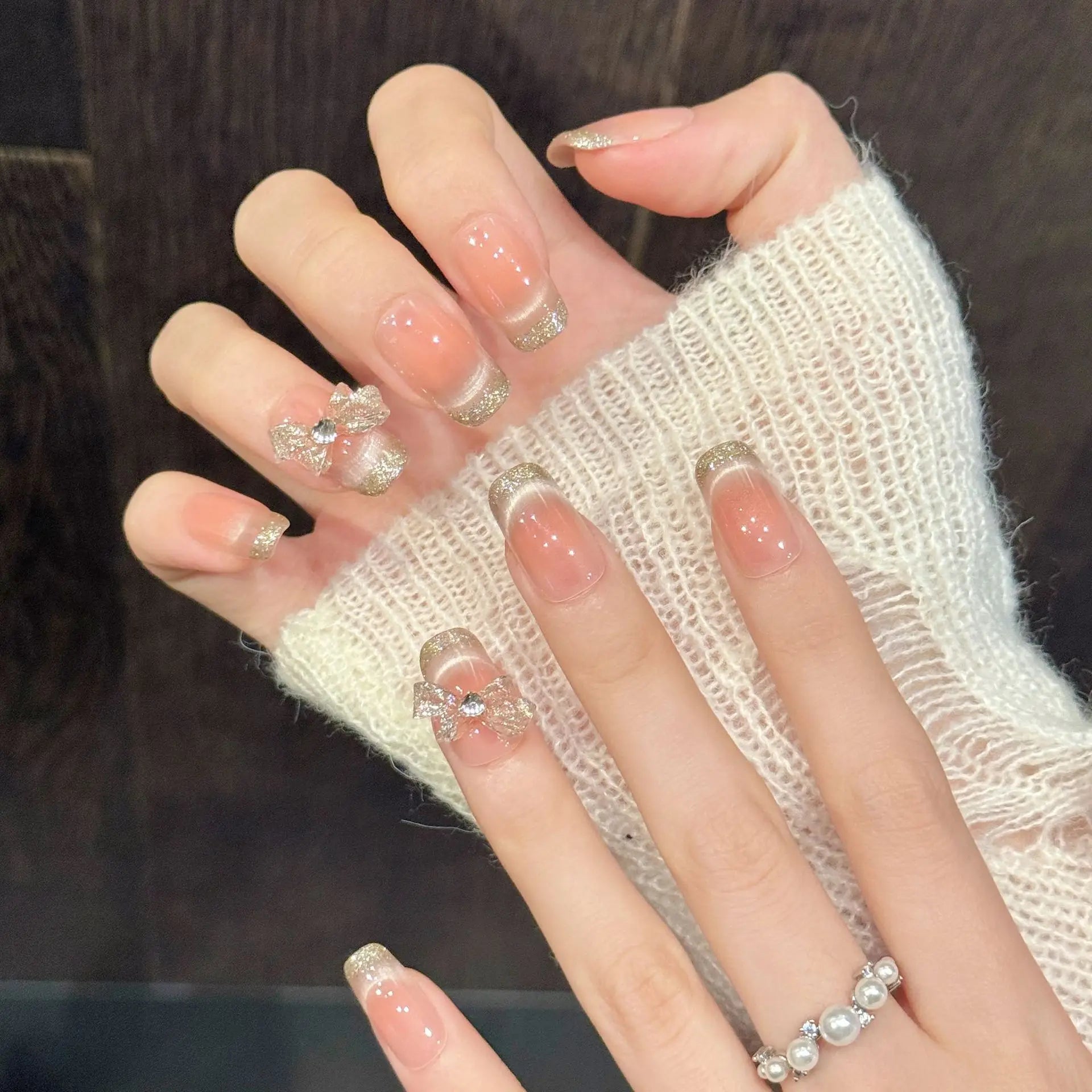 Faux ongles à pression Carré Moyen Rose Doré French Strass - Faits main (Lot de 10)