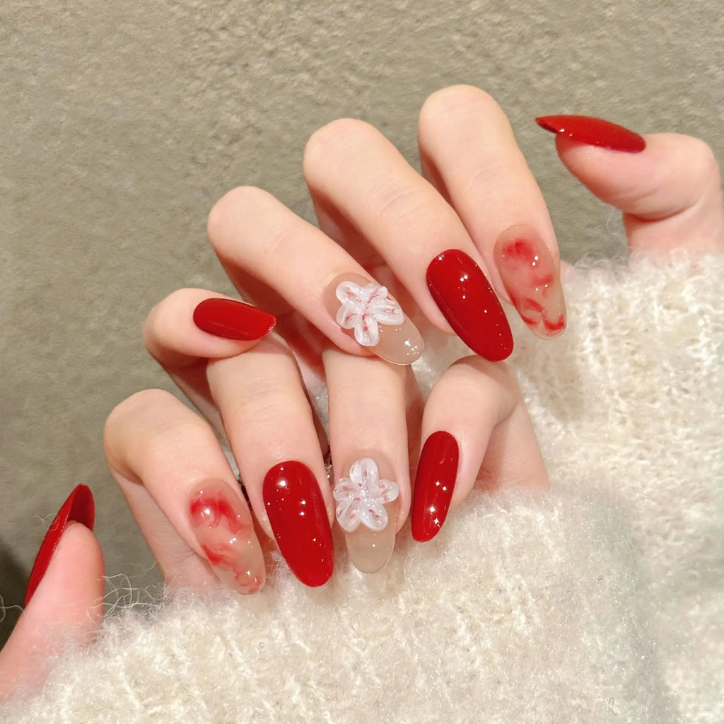 Faux ongles à pression Rouge Nacré Intense - Faits main (Lot de 10)