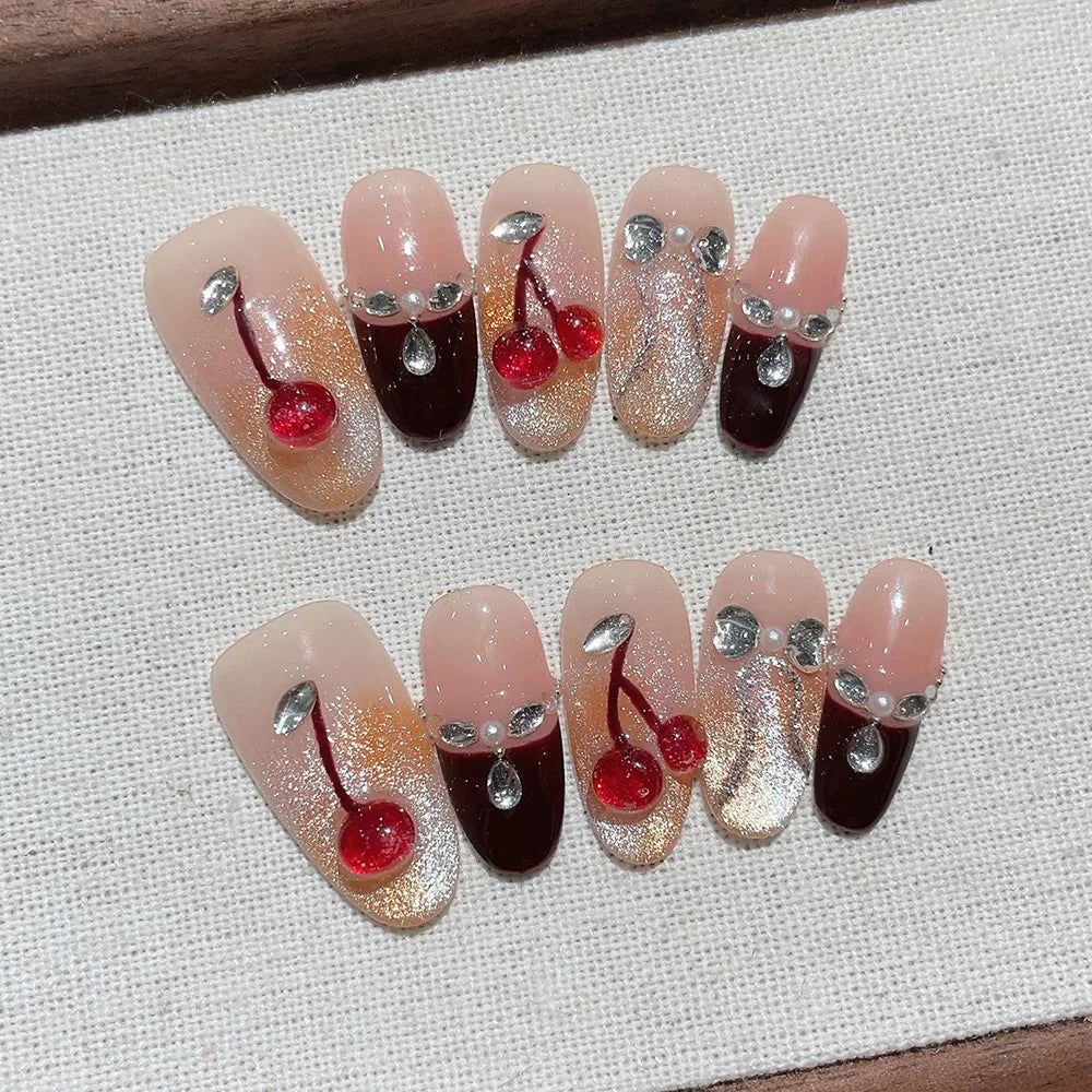 Faux ongles à pression Ovale Moyen Nude Dégradé Cerises Mignonnes - Faits main (Lot de 10)