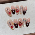 Faux ongles à pression Ovale Moyen Nude Dégradé Cerises Mignonnes - Faits main (Lot de 10)