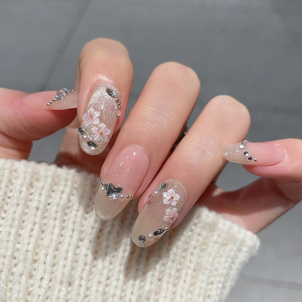 Faux ongles à pression Ovales - Rose Pêche Fleur Étoile – Faits main (Lot de 10)