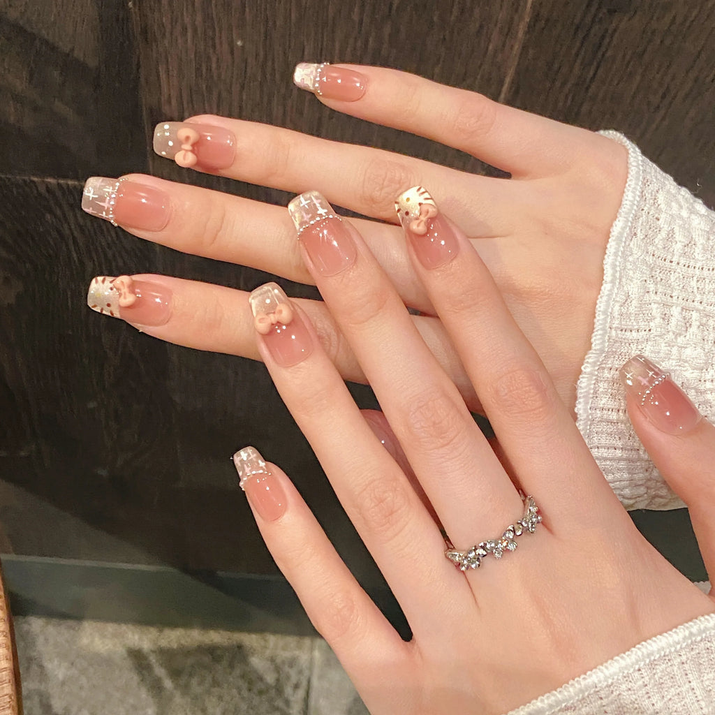 Faux ongles à pression Carré Moyen Rose Nœud French Effet Miroir - Faits main (Lot de 10)
