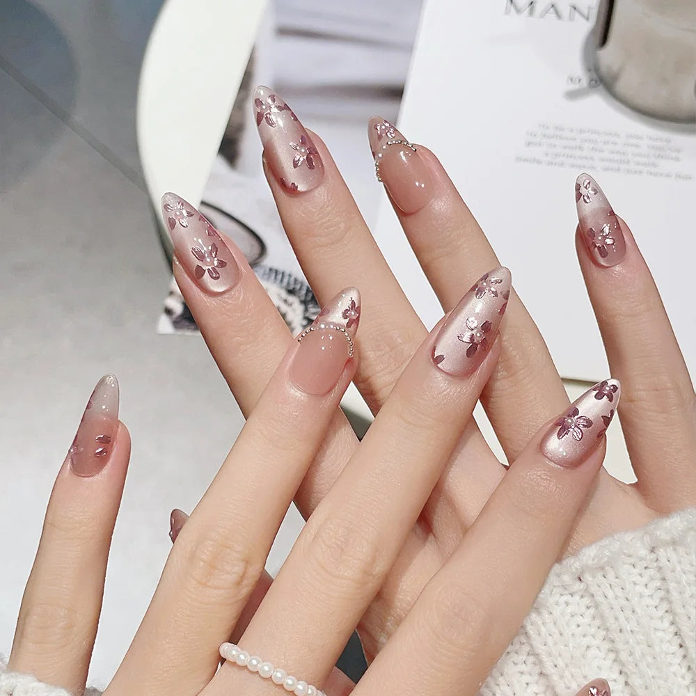 Faux ongles à pression en Amande Rose Fleur Chaîne – Faits main (Lot de 10)