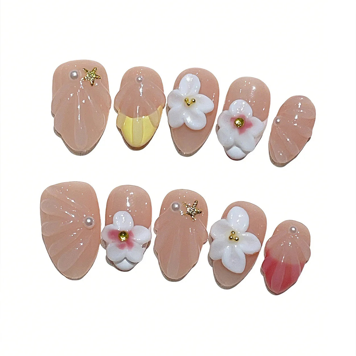 Faux ongles à pression en Amande Nude Fleurs 3D Perle – Faits main (Lot de 10)