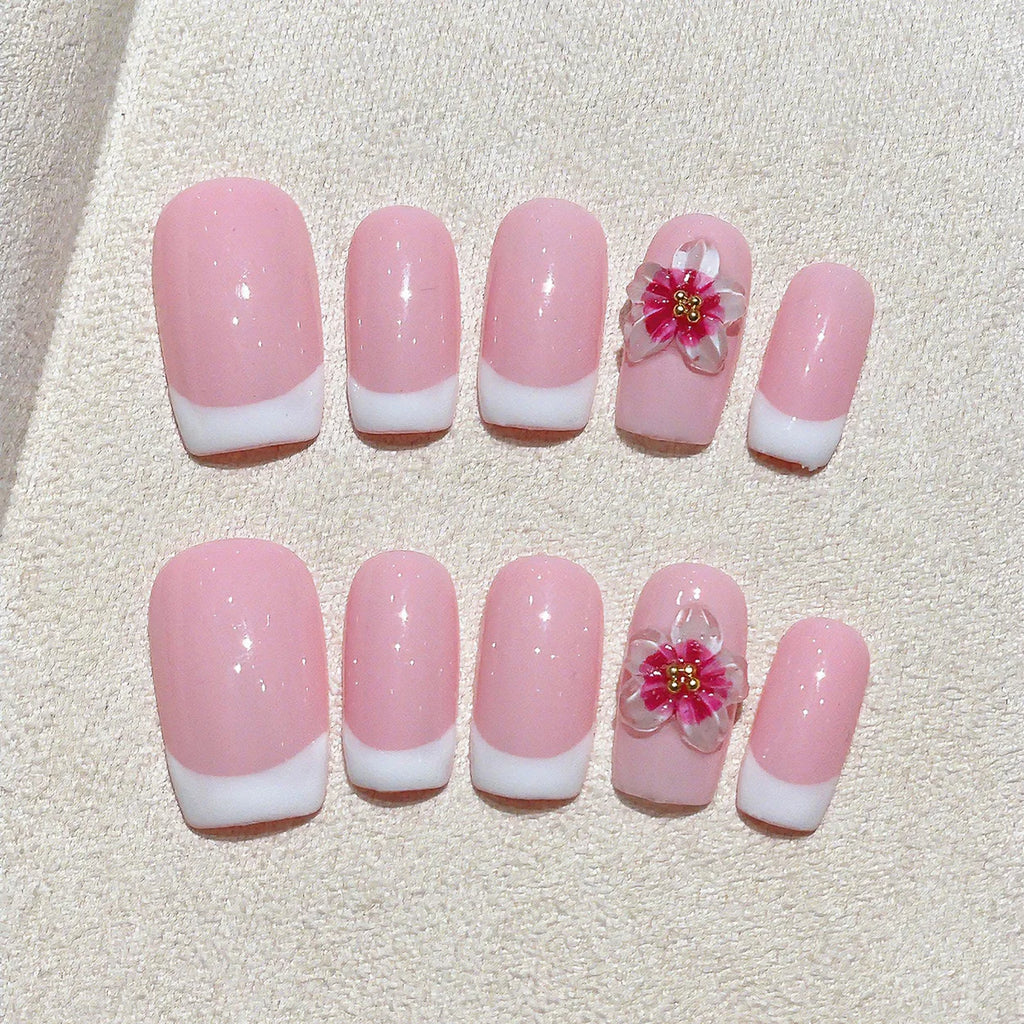 Faux ongles à pression Carré Arrondi Moyen French Rose Fleur Fuchsia – Faits main (Lot de 10)