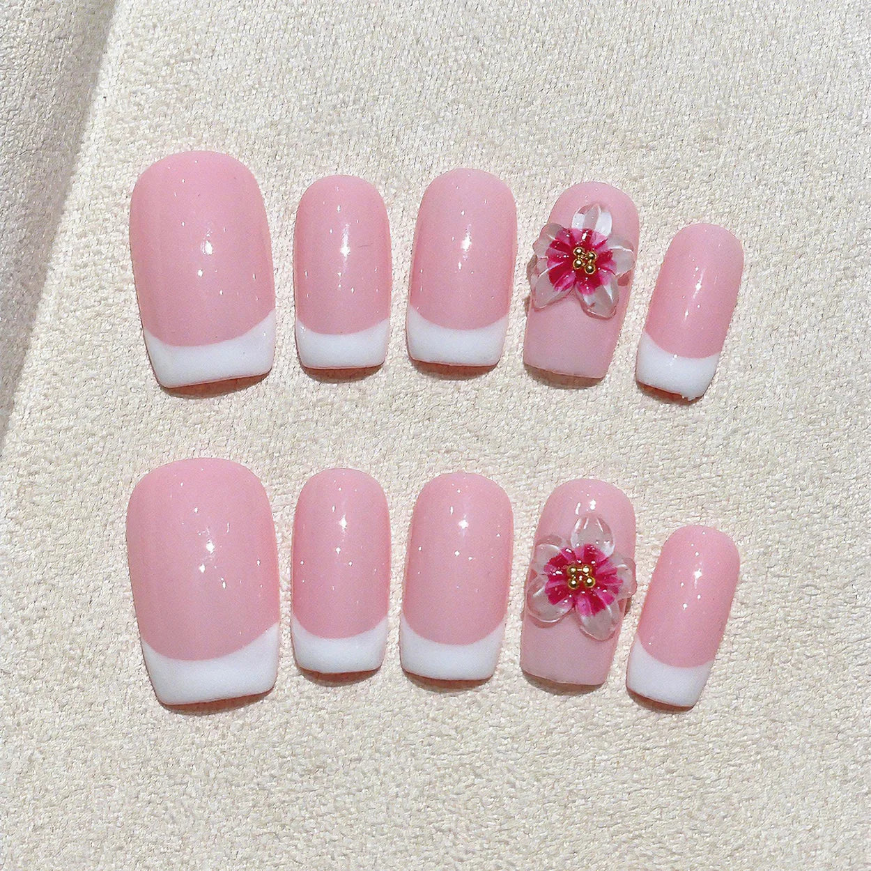 Faux ongles à pression Carré Arrondi Moyen French Rose Fleur Fuchsia – Faits main (Lot de 10)