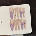 Faux ongles à pression Stiletto Long Rose Violet Nœud Romantique - Faits main (Lot de 10)
