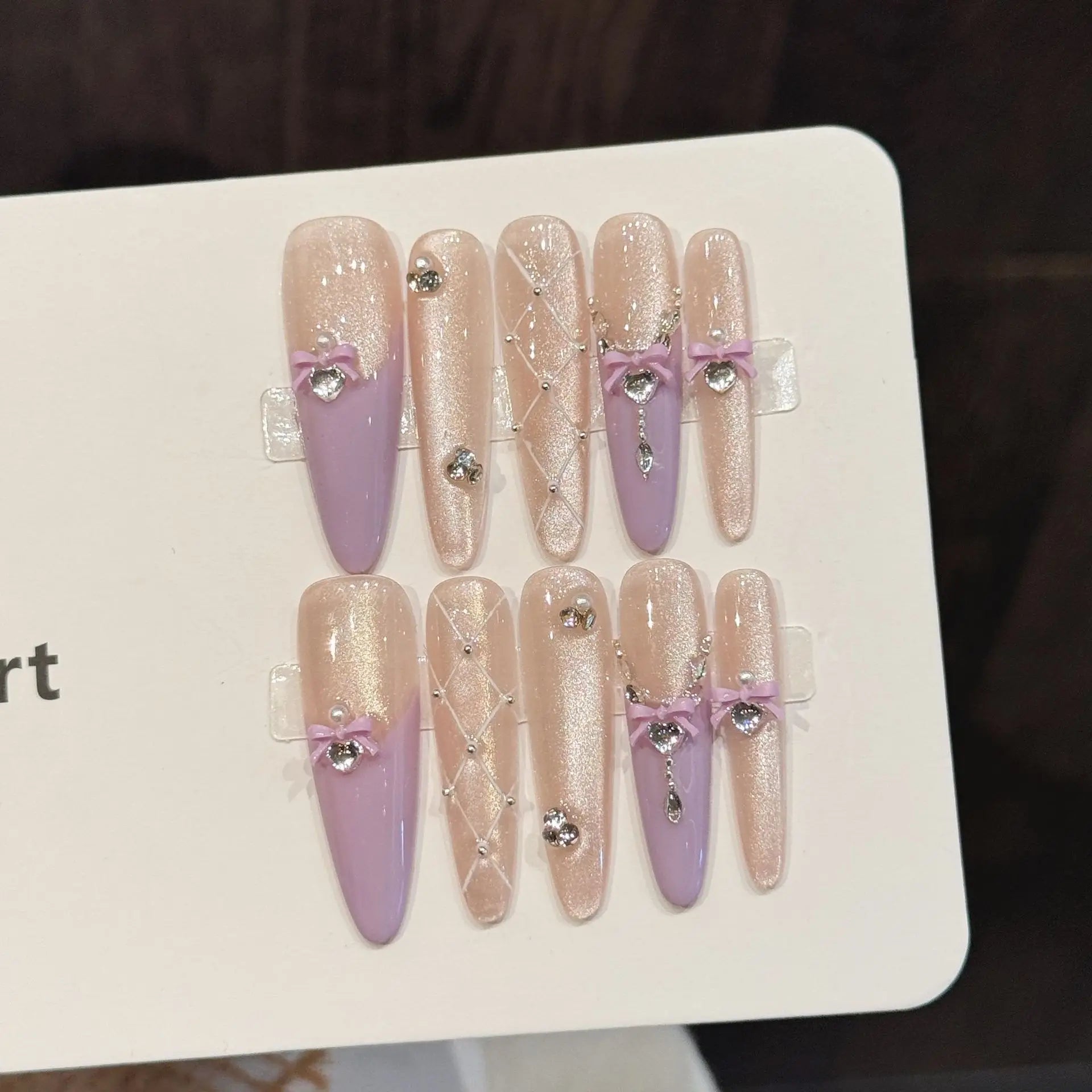 Faux ongles à pression Stiletto Long Rose Violet Nœud Romantique - Faits main (Lot de 10)