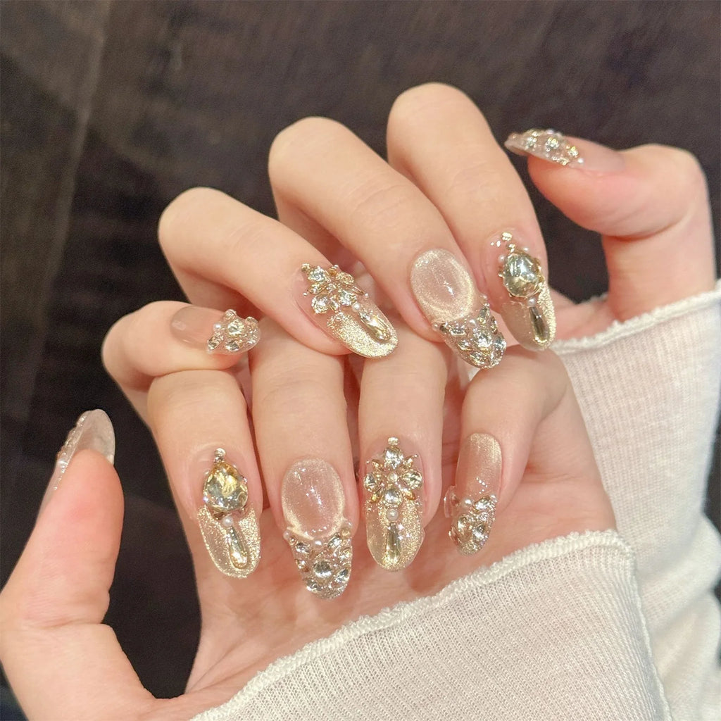 Faux ongles à pression Amande Moyen Rose Doré Strass et Cristaux Lumineux - Faits main (Lot de 10)