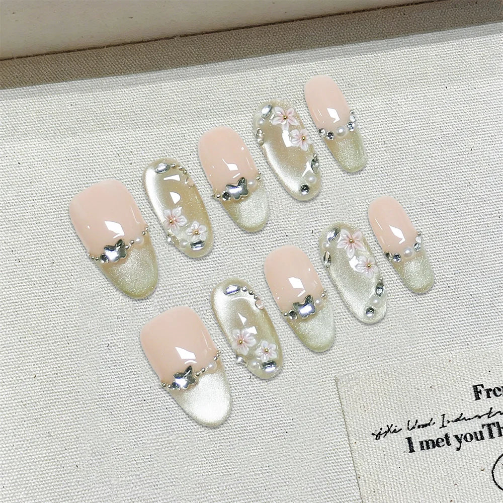 Faux ongles à pression Ovales - Rose Pêche Fleur Étoile – Faits main (Lot de 10)