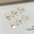 Faux ongles à pression Ovales - Rose Pêche Fleur Étoile – Faits main (Lot de 10)