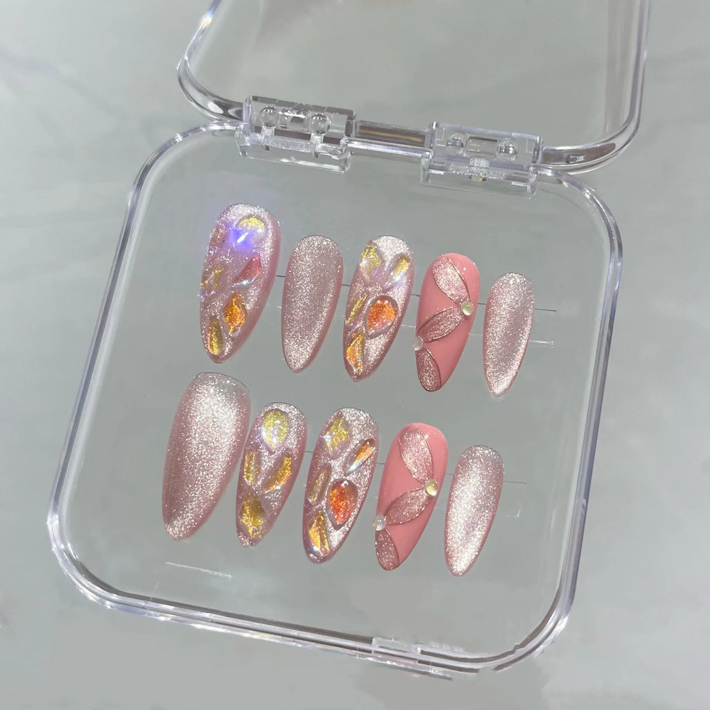 Faux ongles à pression Amande Moyen Rose Effet Miroir Strass - Faits main (Lot de 10)