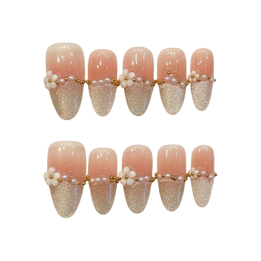 Faux ongles à pression Amande Moyen Rose Doré Fleurs et Perles - Faits main (Lot de 10)