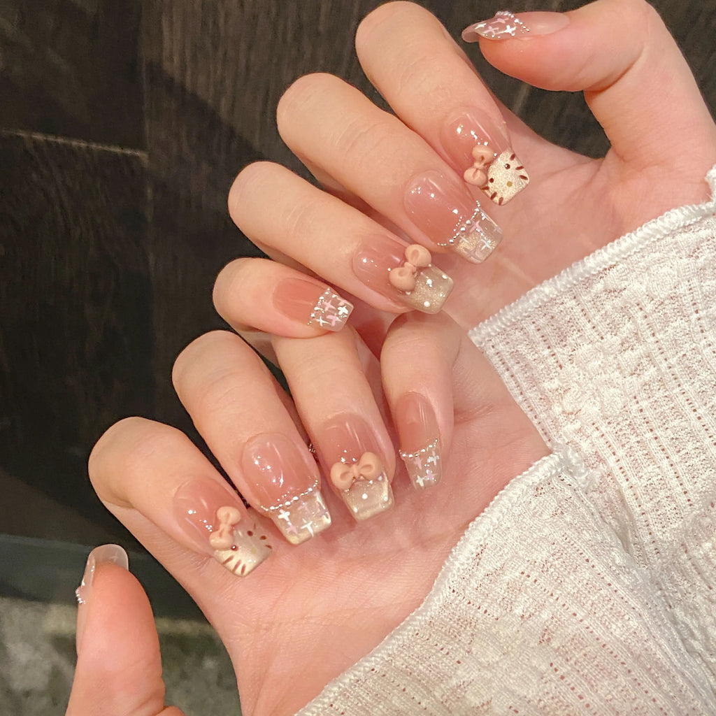 Faux ongles à pression Carré Moyen Rose Nœud French Effet Miroir - Faits main (Lot de 10)