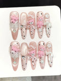 Faux ongles à pression Stiletto Long Ourson Cartoon Kawaii Sucré Pastel - Faits main (Lot de 10)